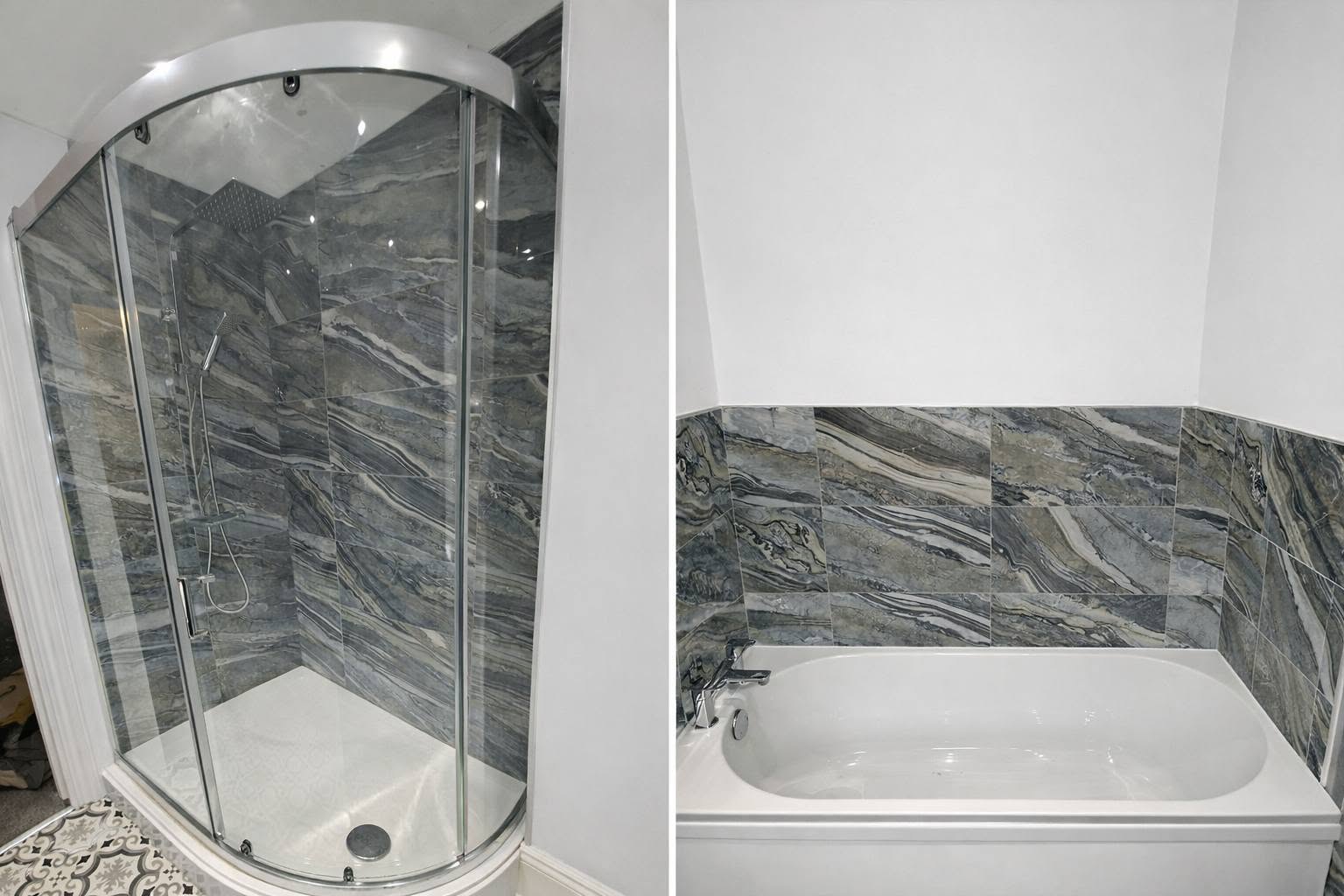 Quadrant shower and bath with marble-effect wall tiles